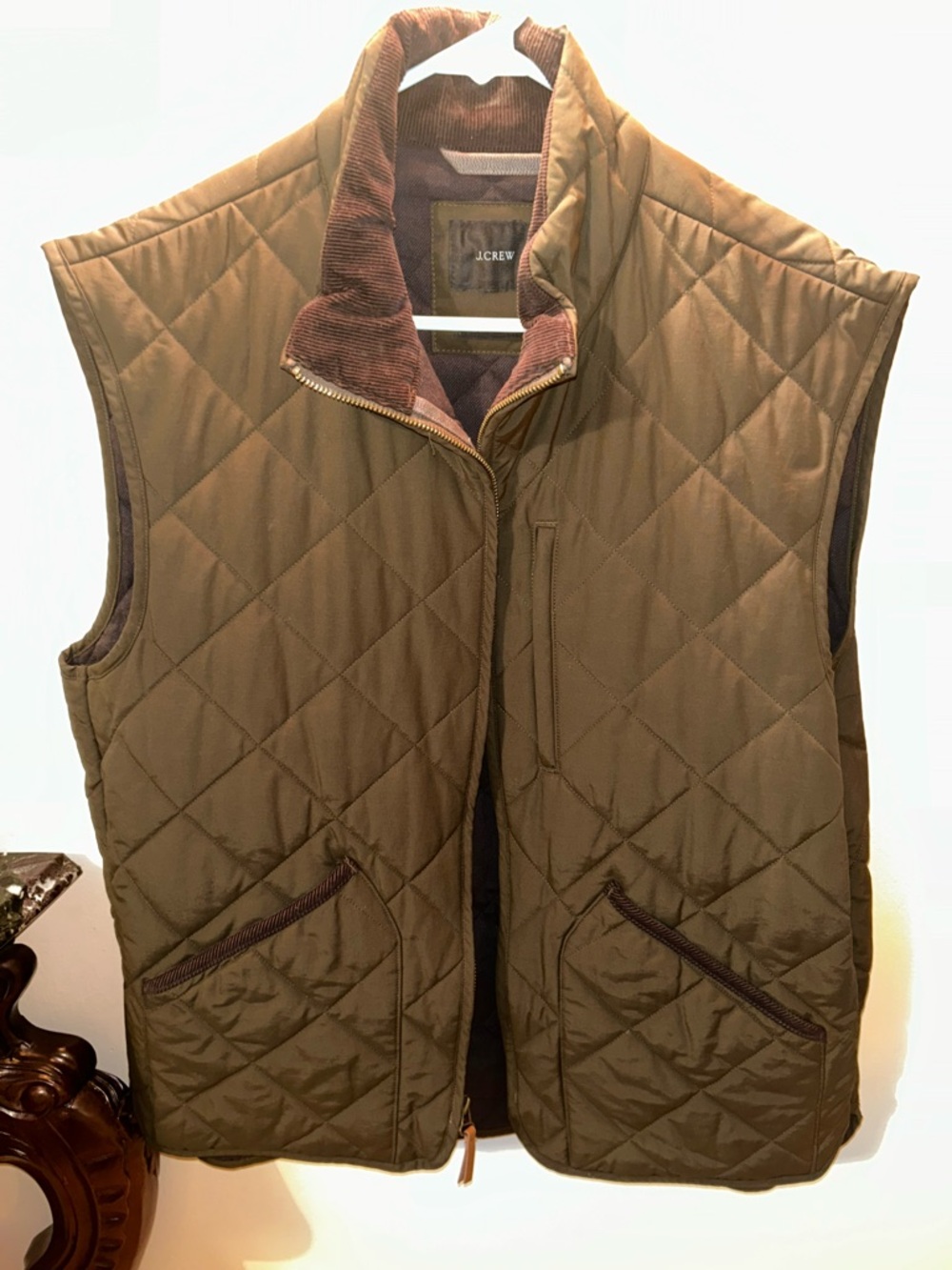 J.Crew Sussex Quilted Vest Olive Green Corduroy Collar Size Medium